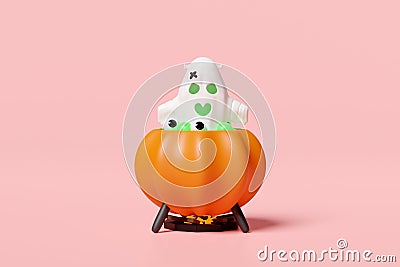 3d halloween holiday party with cute ghost, magic cauldron pumpkin, eye isolated on pink background. 3d render illustration Cartoon Illustration