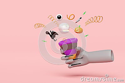 3d halloween holiday party with zombie hand holding explosion firecracker, carved pumpkin, skull, knife, eyeball isolated on pink Cartoon Illustration