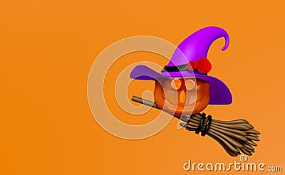 3d halloween pumpkin holiday party with Scared Jack O Lantern and candle light in pumpkin flying, purple witch pointed hat, broom Cartoon Illustration