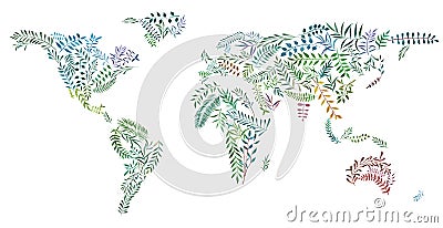 Watercolor plants in shape of world map. Cartoon Illustration