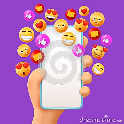 3d hand hold smartphone with smiling emoji. Likes for social media profile, network online messages, socialisation group Vector Illustration