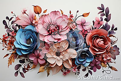 3d handmade Paper Flowers in pastel colours with copy space on white background. Colorful 3d Artificial multicolored Stock Photo