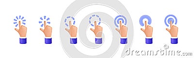 3D hands click cursor. Finger render touch emoji elements. Human forefinger pushing sensor button. Emoticon expression Vector Illustration
