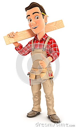 3d handyman carrying wooden plank on shoulder Cartoon Illustration