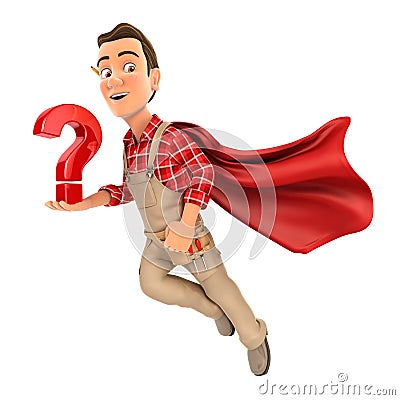 3d handyman flying and holding question mark Cartoon Illustration