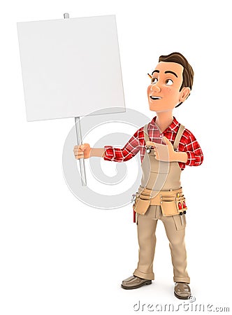 3d handyman holding blank sign board Cartoon Illustration