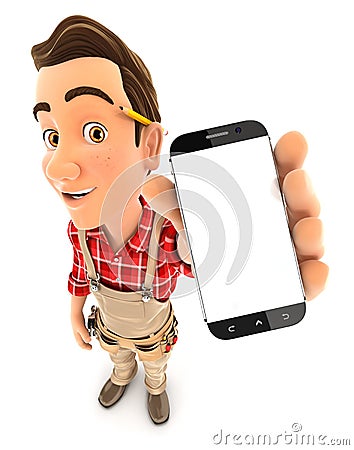 3d handyman holding smartphone Cartoon Illustration