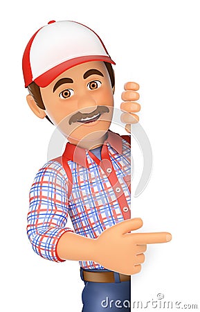 3D Handyman pointing aside with finger Cartoon Illustration