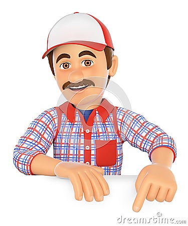 3D Handyman pointing down. Blank space Stock Photo