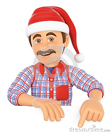 3D Handyman pointing down with a Santa Claus hat. Blank space Cartoon Illustration