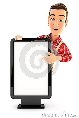 3d handyman pointing to blank billboard Cartoon Illustration