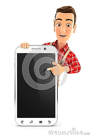 3d handyman pointing to blank smartphone Cartoon Illustration