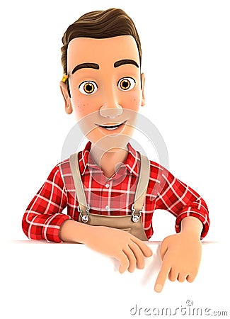 3d handyman pointing to empty wall Cartoon Illustration