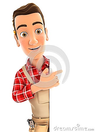 3d handyman pointing to right blank wall Cartoon Illustration