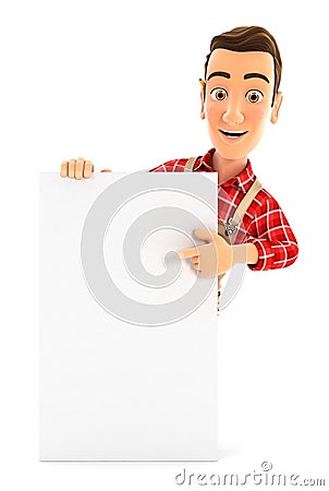 3d handyman pointing to vertical board Cartoon Illustration