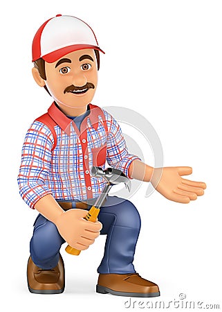 3D Handyman squatting with a hammer pointing to side Stock Photo