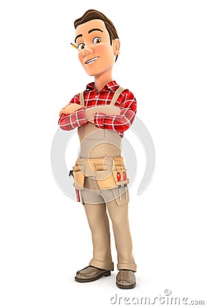 3d handyman standing with arms crossed Cartoon Illustration