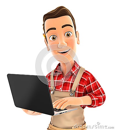3d handyman standing and holding laptop Cartoon Illustration