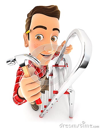 3d handyman on stepladder with claw hammer Cartoon Illustration