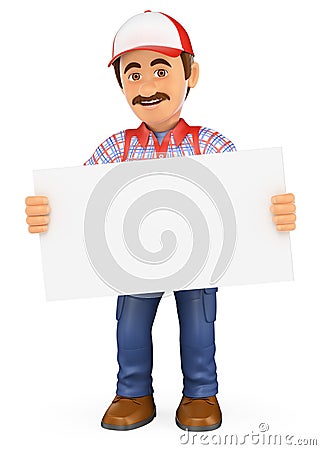 3D Handyman worker standing with a blank poster Cartoon Illustration