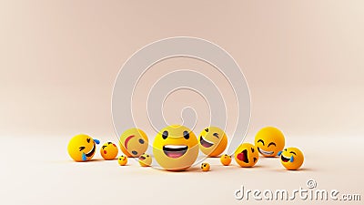 3D Happiness Emoticon Emojies On Glossy Pastel Peach Stock Photo