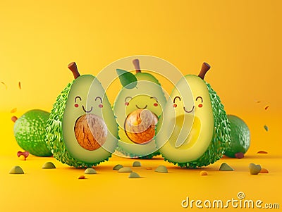 3d happy avocado with seeds on yellow background. Isomeric characters Stock Photo