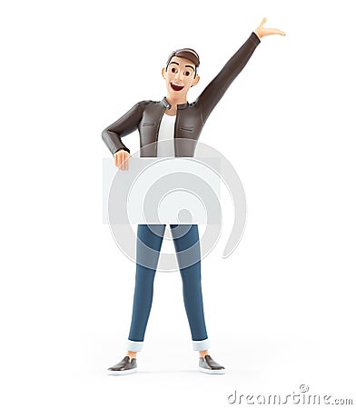 3d happy cartoon man holding placard Cartoon Illustration