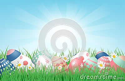 3D Happy Easter background with Colorful Easter Eggs on grass field with sunlight. Vector illustration. Banner, backdrop, spring, Vector Illustration