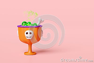 3d happy halloween party with magic cup, skeleton, skull, thunder isolated on pink background. 3d render illustration Cartoon Illustration