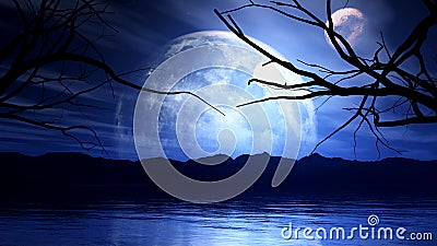 3D haunting background with moon, planet and tree silhouette Stock Photo