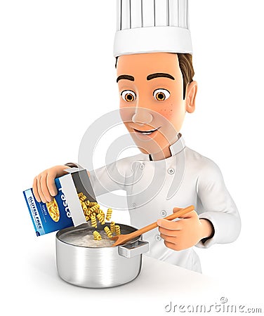 3d head chef cooking pasta Cartoon Illustration