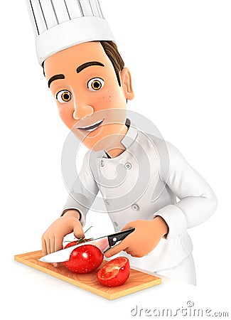 3d head chef cutting a tomato Cartoon Illustration