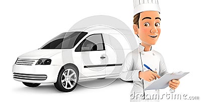 3d head chef with notepad in front of car Cartoon Illustration