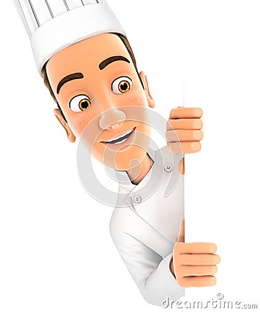 3d head chef peeping over blank wall Cartoon Illustration