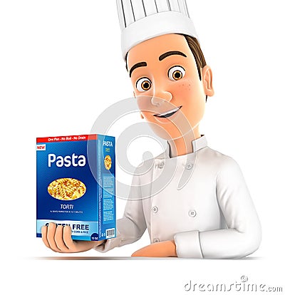 3d head chef presenting pack of pasta Cartoon Illustration