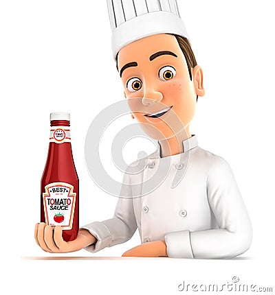 3d head chef presenting tomato sauce bottle Cartoon Illustration