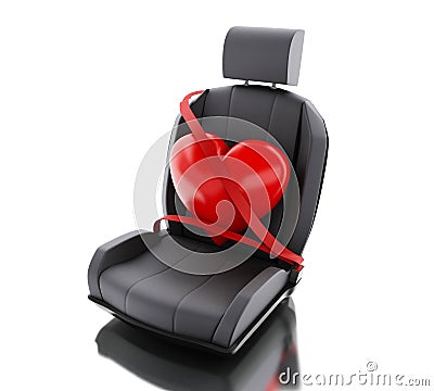 3d Heart with auto seat belt Cartoon Illustration