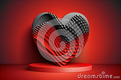 3D heart with halftone background. The heart with realistic texture and details on podium. Valentine's day concept. Cartoon Illustration
