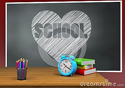 3d heart and school Cartoon Illustration