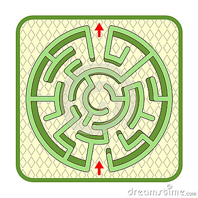 3d hedge maze top view, circle shaped, cobbled yard background Vector Illustration