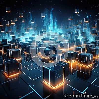 3D Hi-Tech Cube. Big Data Cube Quantum Computer Server Concept Background. Light Dots with Depth of Field Effect. Data Stock Photo