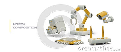 3D hitech composition. Office drawer unit, programmable manipulator, microprocessor, camera, router Vector Illustration