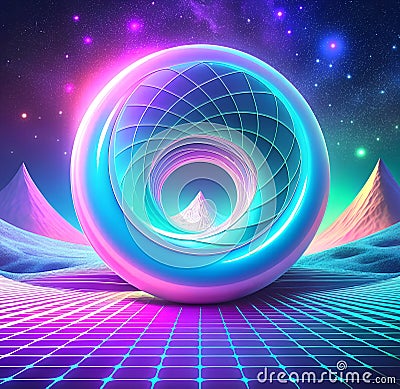 3d holographic geometric shape torus vaporwave 80s landscape background. Metal simple figure for your design on isolated Cartoon Illustration