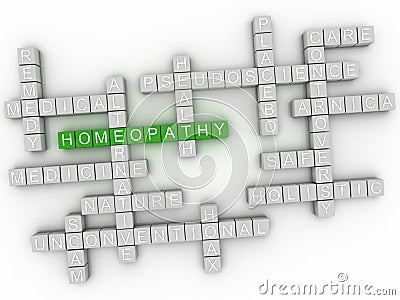 3d Homeopathy, alternative natural medicine word cloud sign. Stock Photo