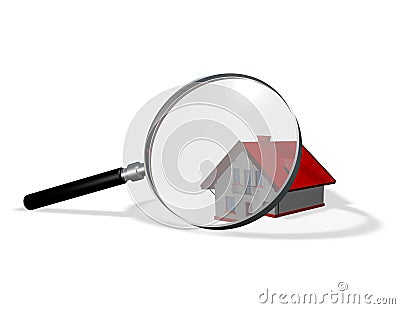 3d house magnified with magnifying glass. Cartoon Illustration