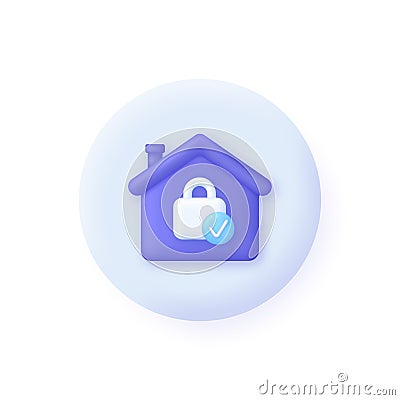 3D House protection illustration on Speech Bubble. Closed padlock. Home protection concept. Apartment smart guard Vector Illustration