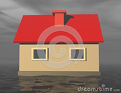 3d house sinking in flood water. Stock Photo