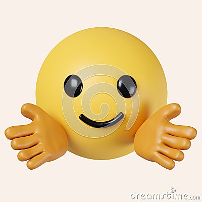 3d Hugging emoji. Emoticon giving a hug. Happy yellow face with open hands and smiling eyes. icon isolated on gray Cartoon Illustration