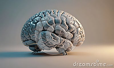 3D human brain, rendered in gray, is depicted in dynamic pose, with light source casting shadow on the Stock Photo