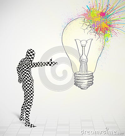3d human character is body suit looking at abstract colorful lightbulb Stock Photo
